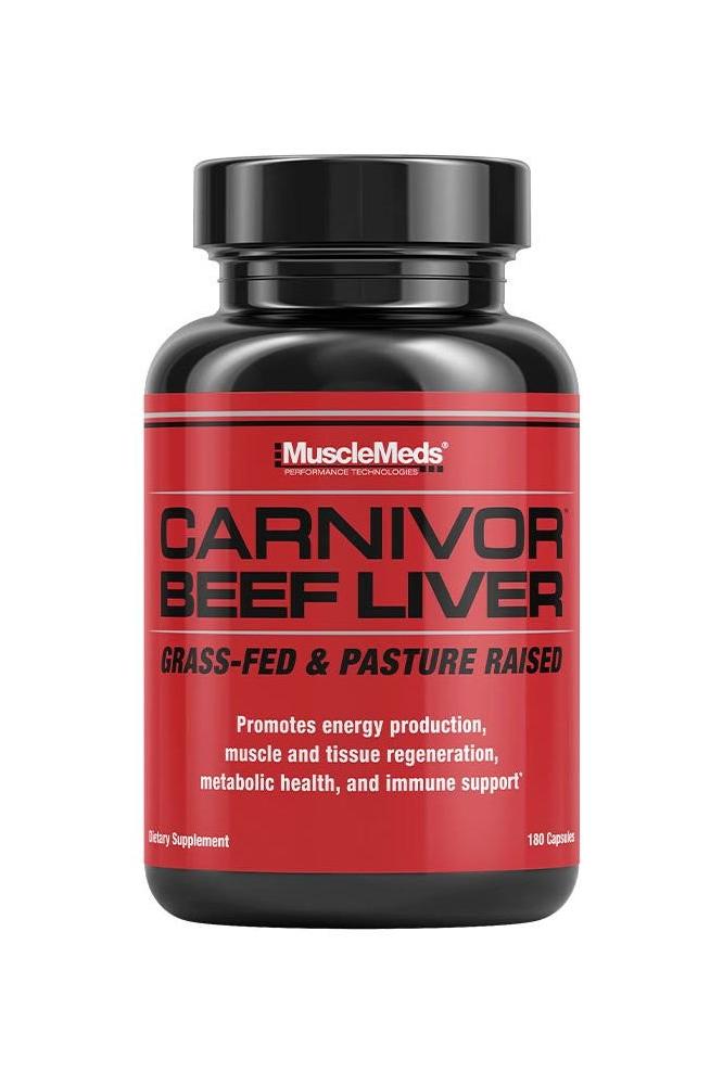 MuscleMeds Carnivore Beef Liver capsules, grass-fed, supports energy, muscle recovery, and health, 180 count bottle.