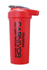 MuscleMeds Carnivor Shaker Cup in red, 100% beef protein isolate, durable, leak-proof design, 600 ml capacity.
