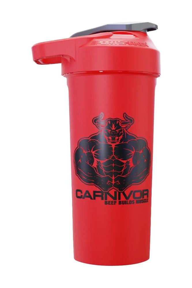 MuscleMeds Black'd Out Bull Shaker Cup in red with bull logo, perfect for mixing protein shakes and beverages.