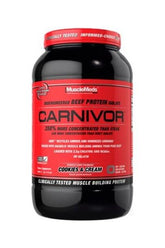 MuscleMeds Carnivor Beef Protein Isolate Cookies & Cream flavor, 350% more concentrated than steak.