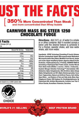Nutrition label for MuscleMeds Carnivor Mass Big Steer 1250, showcasing protein content and instructions.