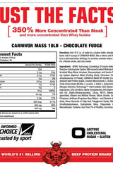 Nutritional facts for MuscleMeds Carnivor Mass chocolate fudge, highlighting protein content and benefits.