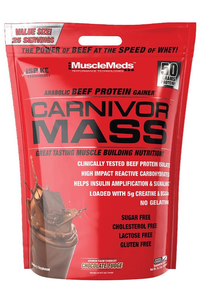 MuscleMeds Carnivor Mass protein gainer packaging with 50g protein, beef protein isolate, and reactivation carbs.