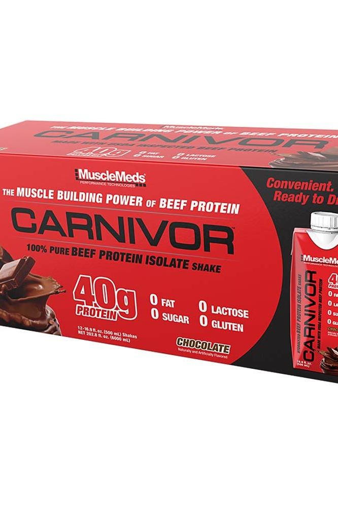 MuscleMeds Carnivor RTD Beef Protein Shake packaging featuring 40g protein, no fat, and chocolate flavor.