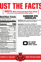 Nutrition label for MuscleMeds Carnivor RTD Chocolate Beef Protein Shake, detailing ingredients and nutritional facts.