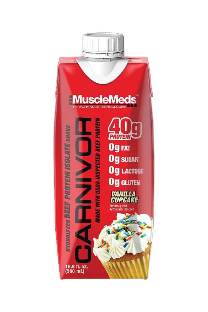 MuscleMeds Carnivor RTD Beef Protein Shake with vanilla cupcake flavor, 40g protein, 0g fat, 0g sugar.