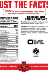 Nutrition label for MuscleMeds Carnivor RTD Vanilla Cupcake Protein Shake, highlighting 350% more concentrated protein.