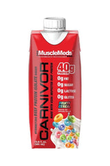 MuscleMeds Carnivor RTD Beef Protein Shake with 40g protein, 0g fat, and fruity cereal flavor in a 500ml carton.