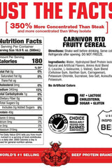Nutrition facts for MuscleMeds Carnivor RTD Beef Protein Shake, highlighting protein content and ingredients.