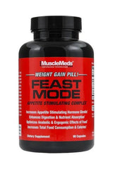 MuscleMeds Feast Mode weight gain pills in a black bottle with appetite stimulating complex label, 90 capsules.