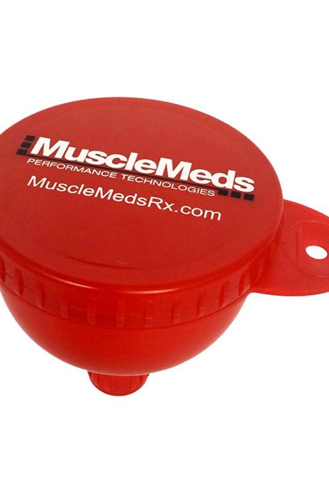 MuscleMeds funnel in red, designed for easy supplement storage and transportation, featuring an innovative design.