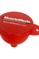 MuscleMeds funnel in red, designed for easy supplement storage and transportation, featuring an innovative design.