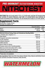 MuscleMeds Nitrotest supplement facts label for pre-workout testosterone booster, watermelon flavor.