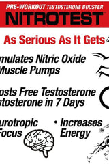 MuscleMeds Nitrotest pre-workout testosterone booster highlights: boosts free testosterone, stimulates nitric oxide, increases energy.