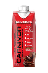 MuscleMeds Carnivor Beef Protein Isolate Shake in Chocolate flavor, 500ml, 40g protein, zero fat, lactose, sugar, or gluten.