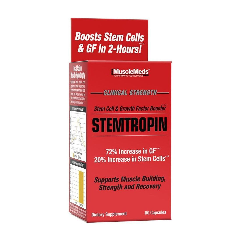 MuscleMeds Stemtropin dietary supplement box, promotes muscle building and recovery with stem cell boost.