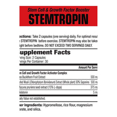 StemTropin supplement facts label detailing dosage and ingredients for muscle growth and recovery.