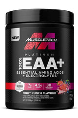 MuscleTech Platinum 100% EAA+, essential amino acids for muscle strength and recovery, fruit punch flavor, 30 servings.