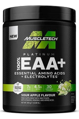 MuscleTech Platinum 100% EAA+ supplement, sour apple flavor, with essential amino acids and electrolytes.