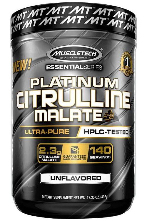 Muscletech Platinum Citrulline Malate Plus supplement container for improved muscle pump and endurance, 140 servings.