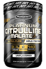 Muscletech Platinum Citrulline Malate Plus supplement container for improved muscle pump and endurance, 140 servings.