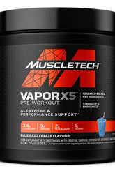 MuscleTech Vapor X5 Pre-Workout container for enhanced energy and focus, featuring Blue Razz Freeze flavor.
