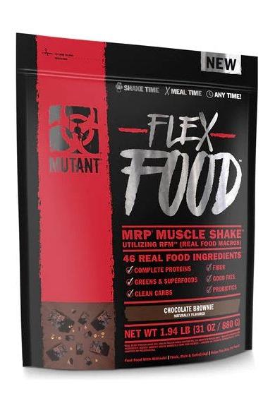 Mutant Flex Food muscle shake packaging with 46 real food ingredients, chocolate brownie flavor and keto-friendly benefits.