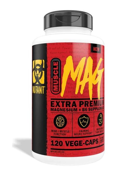 Mutant Muscle MAG Extra Premium Magnesium + B6 supplement bottle with 120 veggie caps for muscle relaxation and energy.