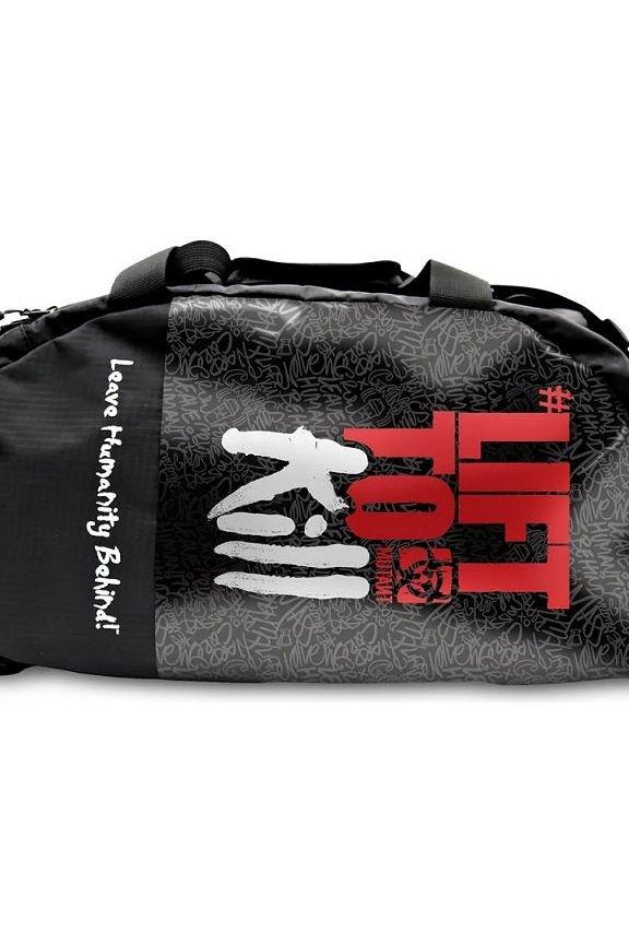 Mutant Lift To Kill duffel bag featuring bold graphics and the slogan 'Leave Humanity Behind!'