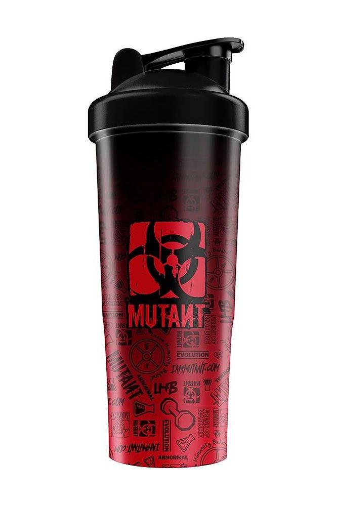 Mutant SEEING RED 28oz shaker cup with watertight screw-on lid and secure click-lock design.