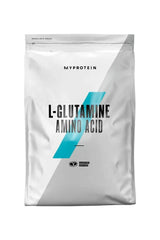 Myprotein L-glutamine supplement packaging showcasing 100% L-glutamine amino acid powder.