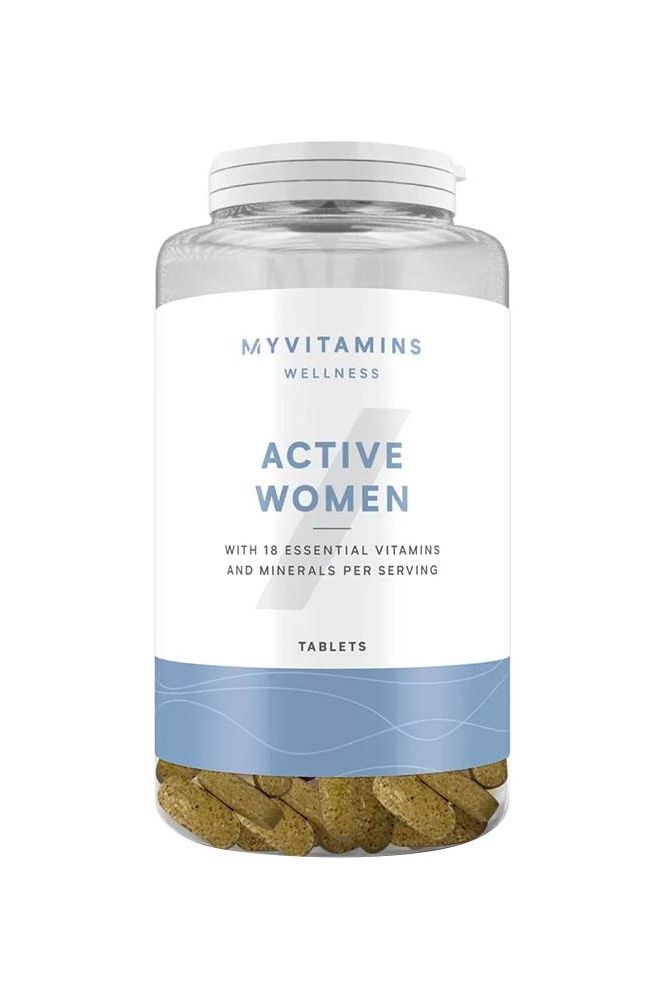 Myprotein Myvitamins Active Women Multivitamin bottle with 120 tablets for active women's health support.