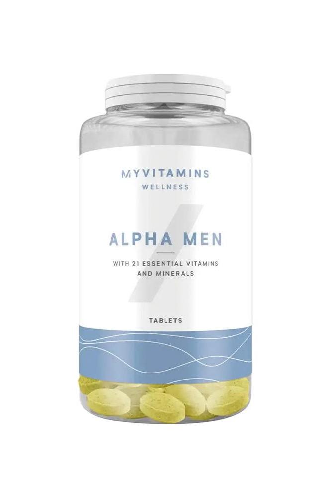 Myprotein Myvitamins Alpha Men Multivitamin bottle with 21 essential vitamins and minerals tablets.