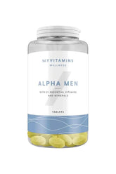 Myprotein Myvitamins Alpha Men Multivitamin bottle with 21 essential vitamins and minerals tablets.