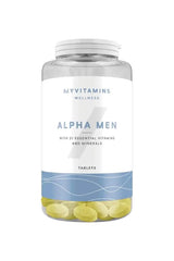 Myprotein Myvitamins Alpha Men Multivitamin bottle with 21 essential vitamins and minerals tablets.