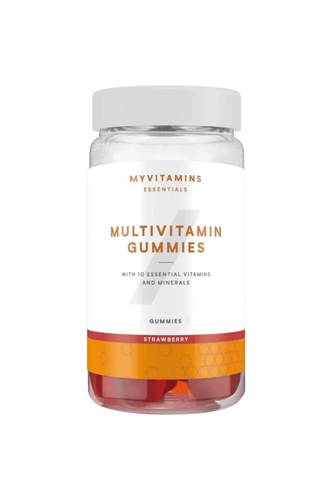 Myprotein Myvitamins Multivitamin Gummies bottle with 10 essential vitamins and minerals, strawberry flavor.