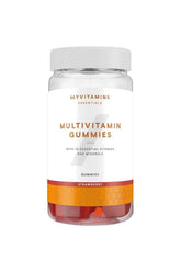 Myprotein Myvitamins Multivitamin Gummies bottle with 10 essential vitamins and minerals, strawberry flavor.