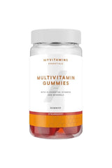 Myprotein Myvitamins Multivitamin Gummies bottle with 10 essential vitamins and minerals, strawberry flavor.