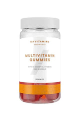 Myprotein Myvitamins Multivitamin Gummies jar with strawberry flavor, featuring 10 essential vitamins and minerals.