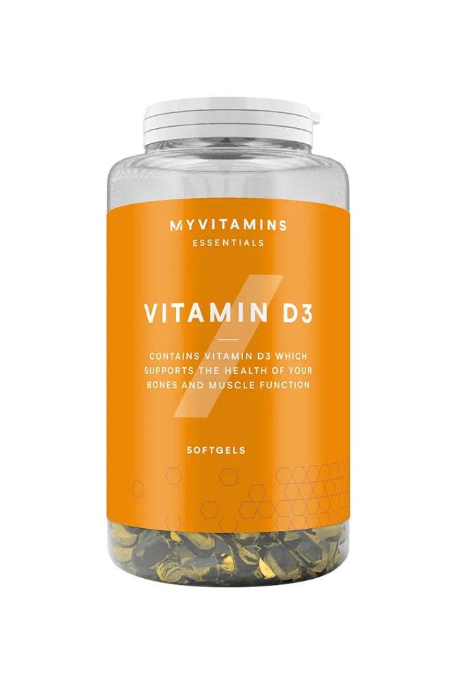 Myprotein Vitamin D3 softgels in a clear bottle, supports immune system and bone health.