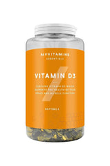 Myprotein Vitamin D3 softgels in a clear bottle, supports immune system and bone health.