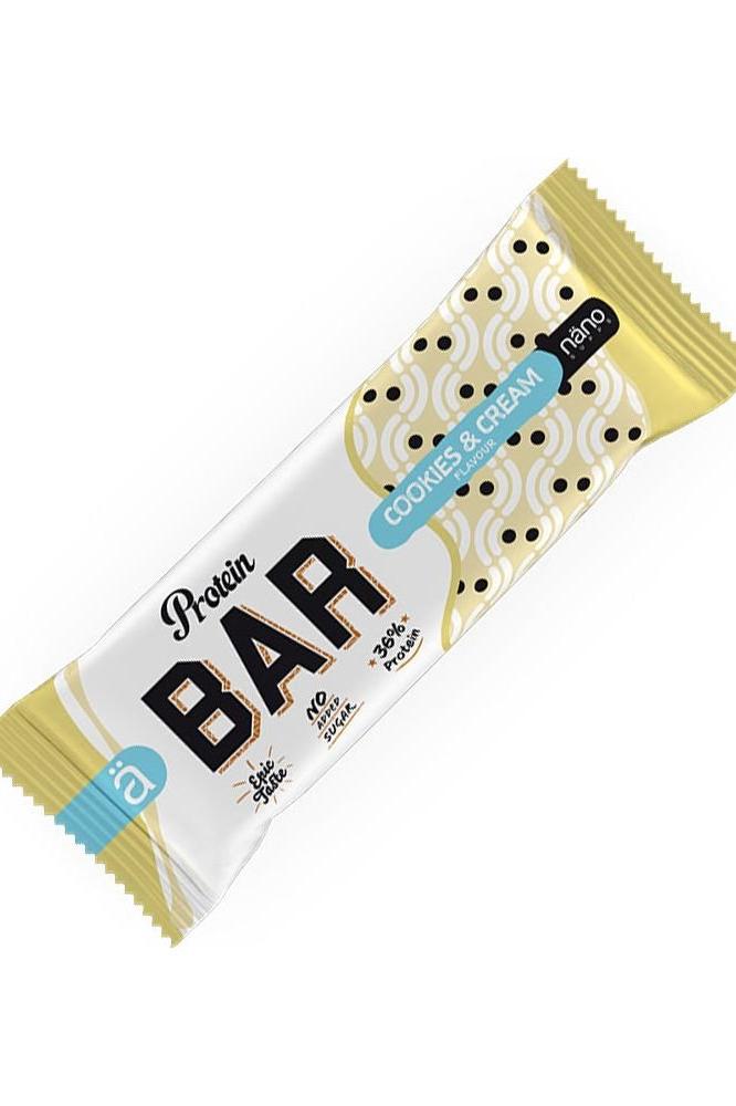 Nanosupps BAR protein bar in cookies and cream flavor, featuring a stylish packaging design.