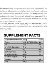 Supplement facts for Nanosupps Protein Cookies, showing nutrition information per 100g, including calories and macronutrient breakdown.