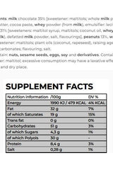 Nutritional information chart for Nanosupps protein cookies, including calories and macronutrients per 100g.