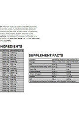 Ingredient list and supplement facts for Nanosupps Epic Juice Whey Protein Isolate, showing protein, calories, and nutrients.
