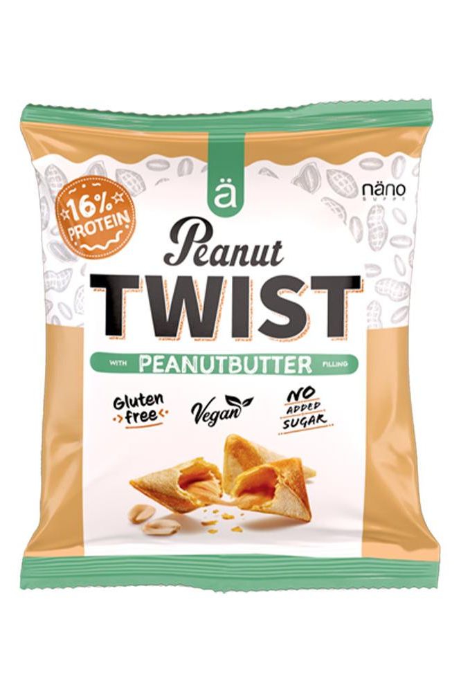 Nanosupps Peanut Twist snack packaging with peanut butter filling, gluten-free and vegan, 16% protein.