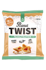 Nanosupps Peanut Twist snack packaging with peanut butter filling, gluten-free and vegan, 16% protein.