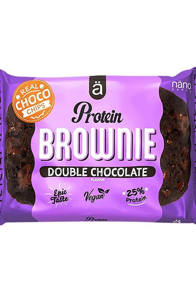 Nanosupps Protein Brownie Double Chocolate 60g packaging with vegan label and choco chips.