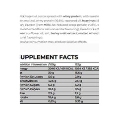 Nutritional information for Nanosupps Protein Dips Chocolate Hazelnut, highlighting key ingredients and values.