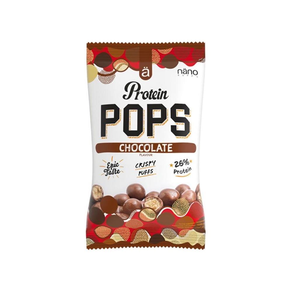 Nanosupps Protein Pops chocolate flavor pack, high protein snack with crispy puffs for healthy indulgence.